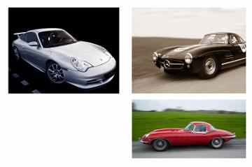 Porsche GT3 , Mercedes 300sl , Jaguar e-typ